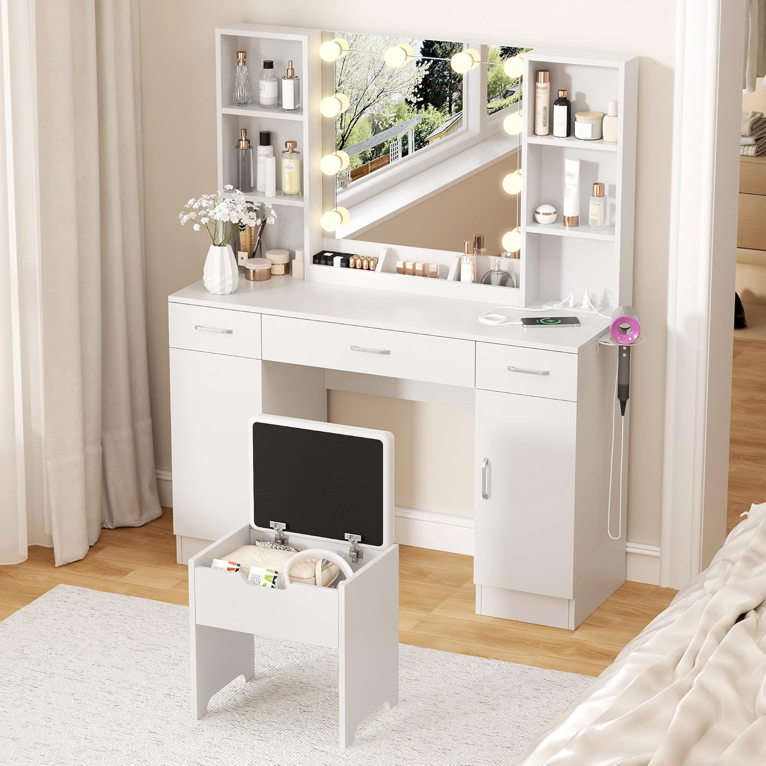 Vabches Makeup Vanity Table with Lighted Mirror & Power Strip, Large Vanity Set Vanity Desk with Storage Stool, 3 Lighting Modes, Brightness Adjustable, 45.2in(L)