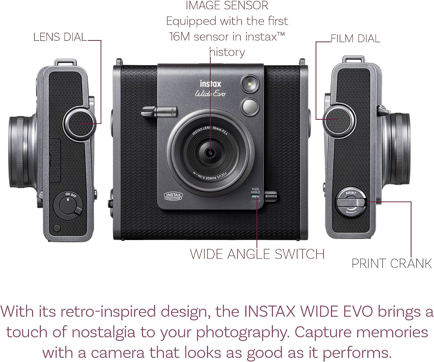 Fujifilm Instax Wide Evo Hybrid Instant Film Camera Bundle with 2X Instax-Wide Instant-Film 2 Pack (40 Exposures) + 32GB Memory Card + USB Card Reader + Bag + Cleaning Kit