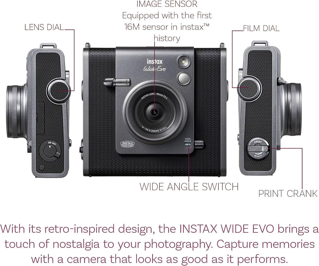 Fujifilm Instax Wide Evo Hybrid Instant Film Camera Bundle with Instax-Wide Instant-Film 2 Pack (20 Exposures) + 32GB Memory Card + USB Card Reader + Bag + Cleaning Kit