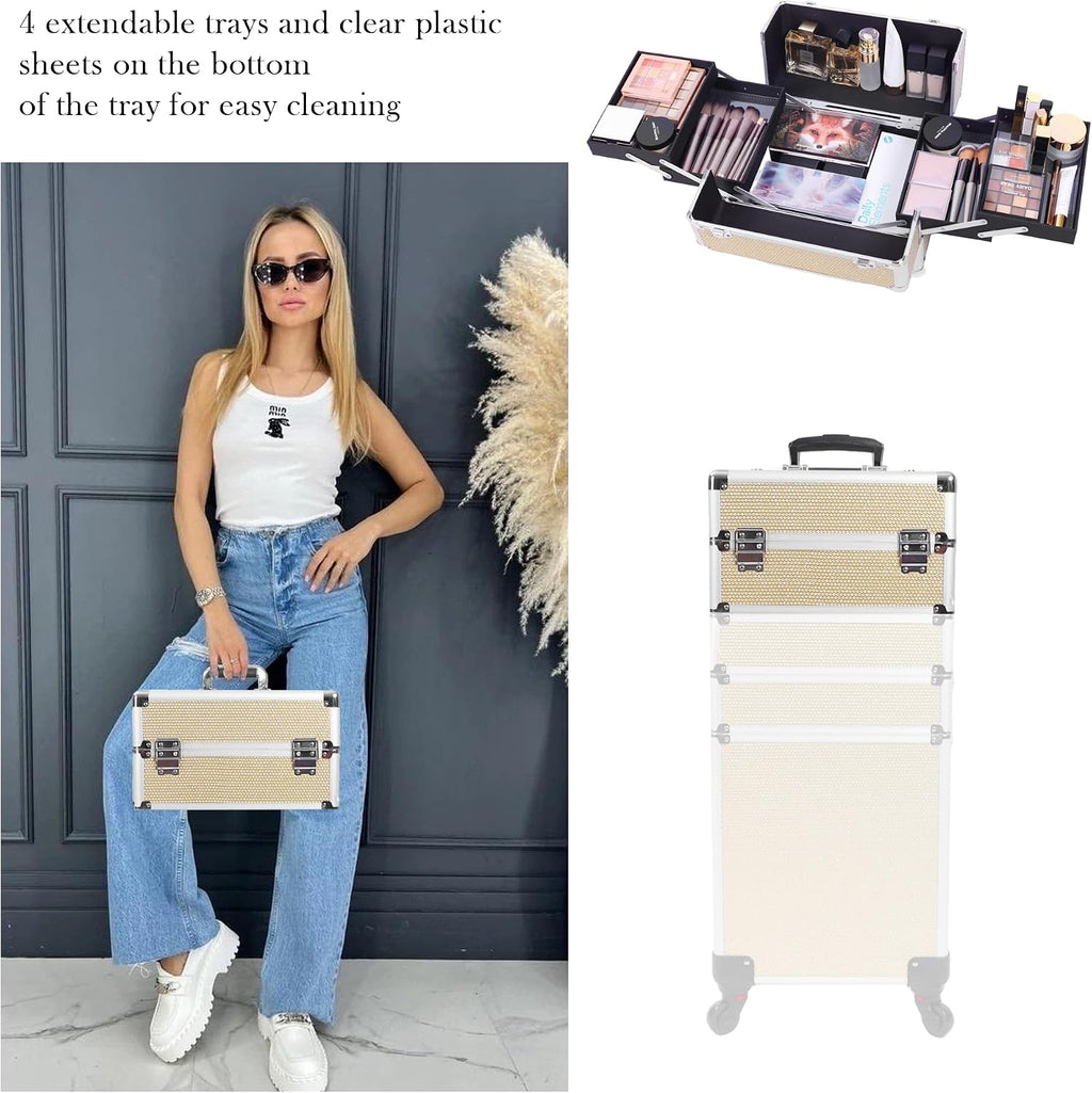 Professional Rolling Makeup Case with Wheels, 5-in-1 Makeup Train Case, Cosmetic Makeup Trolley Cart Travel Cosmetology Case On Wheels with Key for Hairstylists, Nail Tech (Gold Crystal)