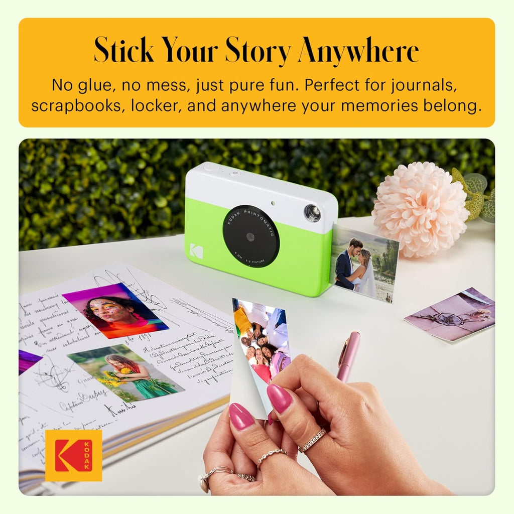 Kodak Printomatic Full-Color Instant Print Camera Gift Bundle + Soft Case + Zink 2x3 Sticky Back Photo Paper 20pk + Album + Sticker Sets + Sticker Frames + Markers + Hanging Frames, Fun Gift - Green