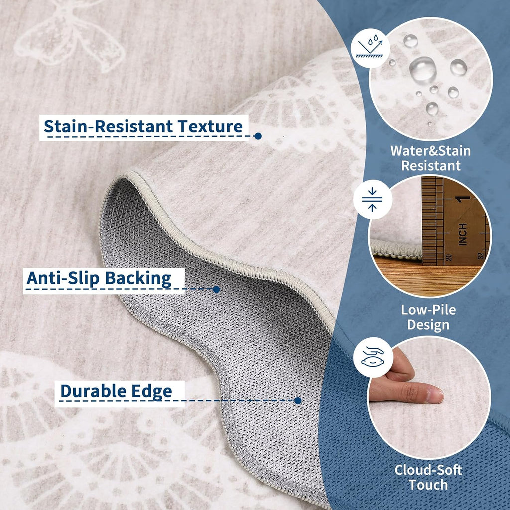 Garvee Scalloped Bow 9x12 Washable Rug for Living Room, Soft Beige Rugs Non-Slip Low Pile Rug Modern Farmhouse Lace Carpet, Stain Resistant Low Pile Floor Cover for Bedroom College Kids Room, Beige