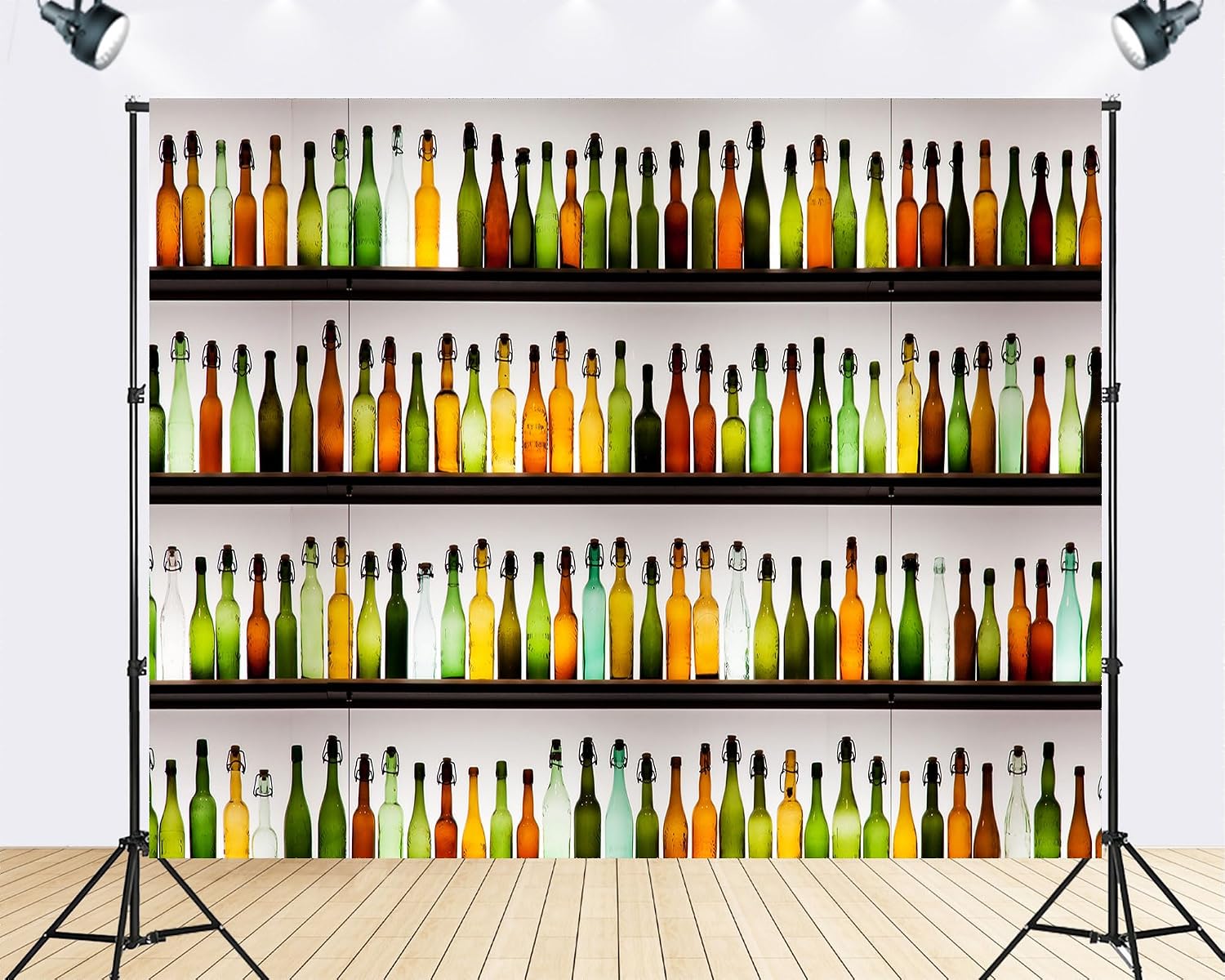 Trykid 20x10ft Colorful Glass Bottles Backdrop Multi Tiered Shelves Amber Green Clear Glass Backlit Display Photography Background Bar Event Party Decoration Photo Booth Prop Fabric