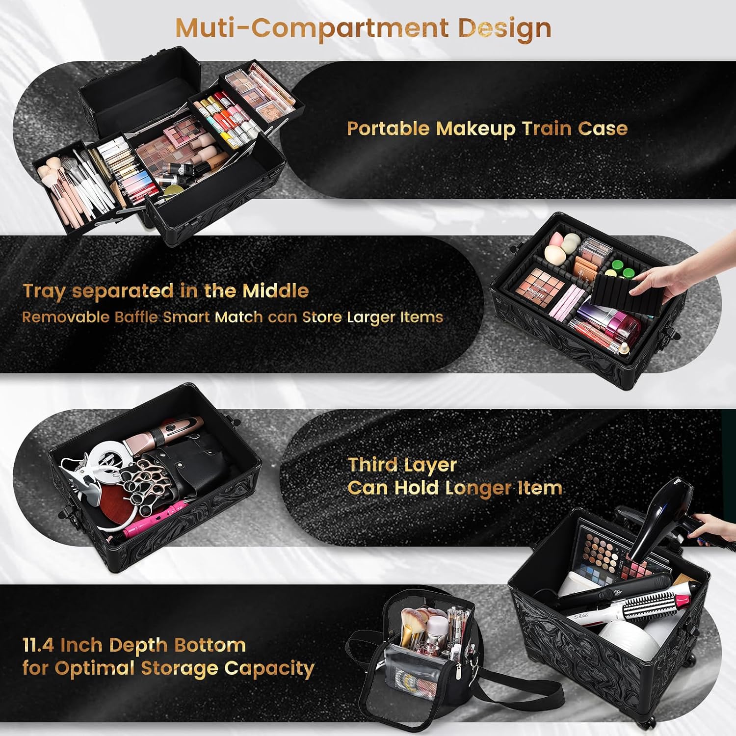 Stagiant Rolling Makeup Case 4 in 1 Cosmetology Case on Wheels Makeup Travel Case with Cosmetic Bag Key Swivel Wheels Salon Barber Case Traveling Cart Trunk Cosmetic Trolley Alpine Black