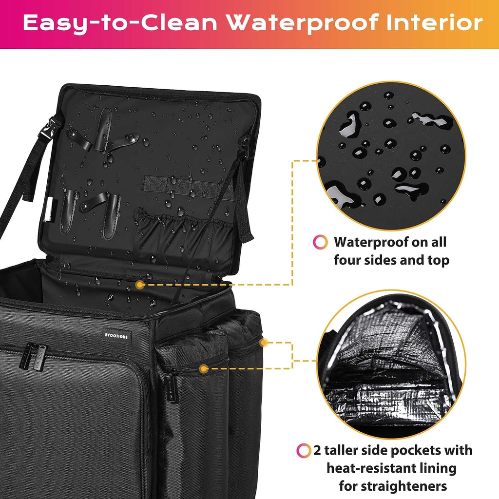 BYOOTIQUE Rolling Makeup Train Case Soft Sided Travel Cosmetic Organizer Storage 1680D Nylon Fabric Trolley Suitcase Mobile Barber Station, Black