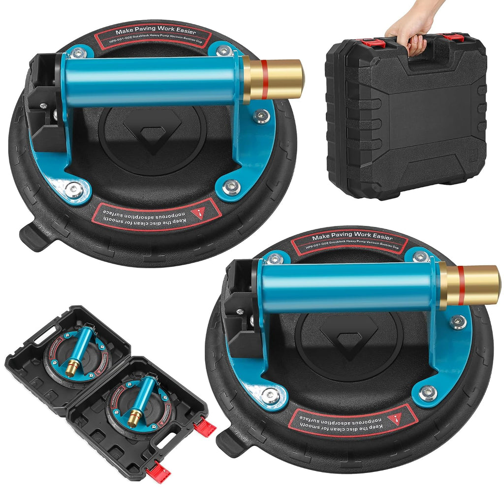 2 Pack Heavy Duty Vacuum Suction Cup with Metal Handle and Brass Pump, Hand-held Lifter for Glass, Granite, Window, 480lbs Load Capacity, Free Carrying Case