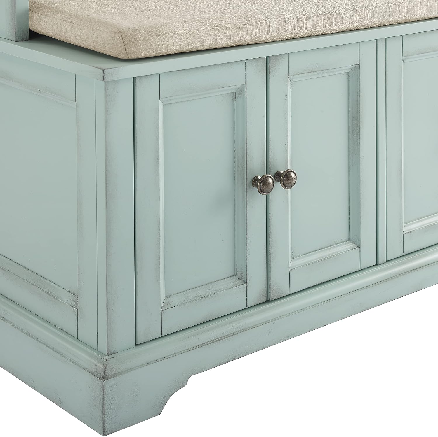 Crosley Furniture Holbrook Hall Tree with Shoe Rack Bench and Coat Hooks for Hanging Storage, Distressed Seafoam Blue