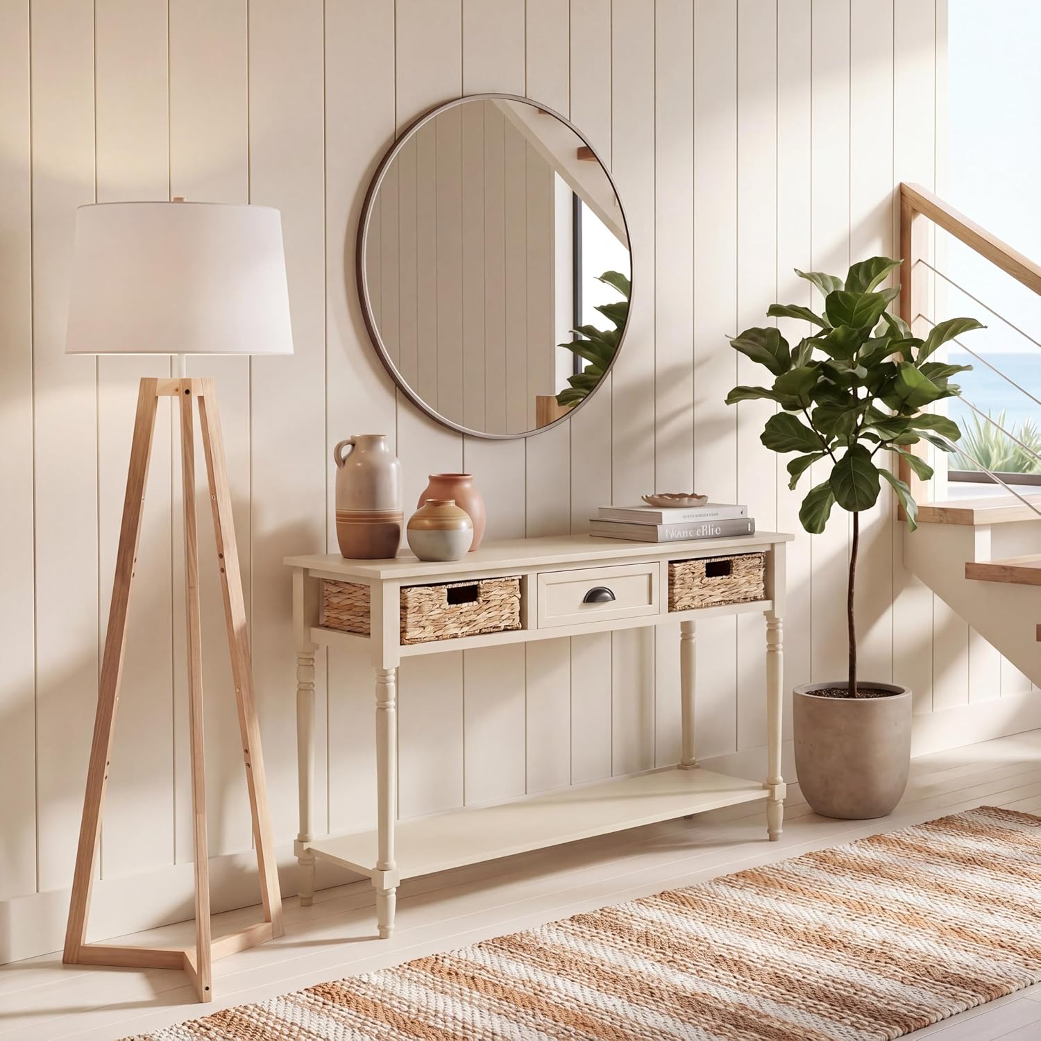 SAFAVIEH Home Collection - Christa Entryway Console Table, Sand Solid Wood 3-Drawer Storage Sofa Table with Rattan Baskets (AMH5737G)