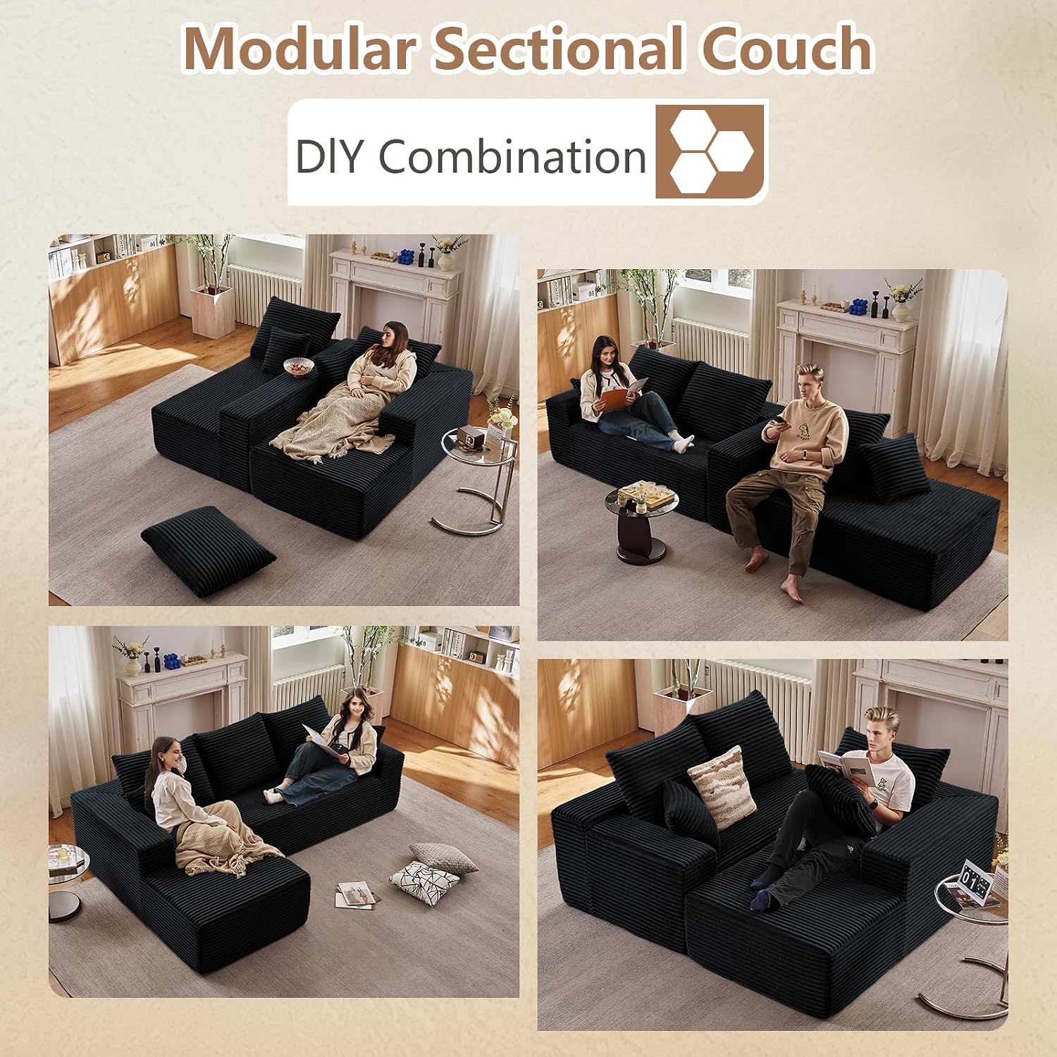 96' Modular Sectional Sofa,Modern Corduroy Cloud Couch,Boneless Couch Upholstered 3-Seater L-Shaped Sofa for Living Room,Couch in a Box No Assembly (Black, Left-Facing Chaise)