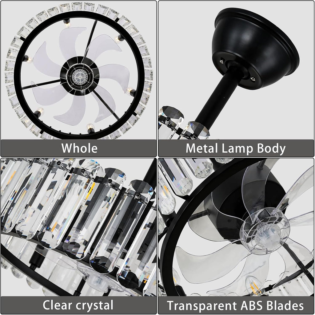 FRIXCHUR Crystal Caged Ceiling Fan with Lights and Remote 20.7 Inch Black Fandelier Semi Flush Mount 6 Speed Reversible Chandelier for Dining Bedroom Living Room Kitchen E12 x 6 Bulbs Not Included