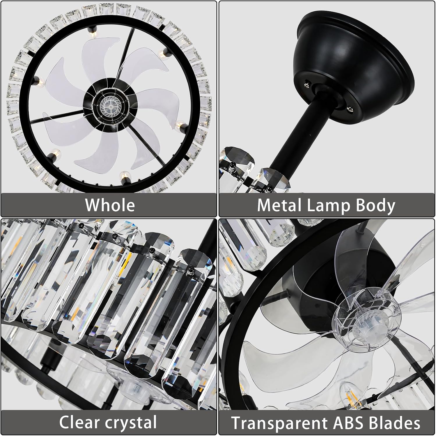 FRIXCHUR Crystal Caged Ceiling Fan with Lights and Remote 20.7 Inch Black Fandelier Semi Flush Mount 6 Speed Reversible Chandelier for Dining Bedroom Living Room Kitchen E12 x 6 Bulbs Not Included
