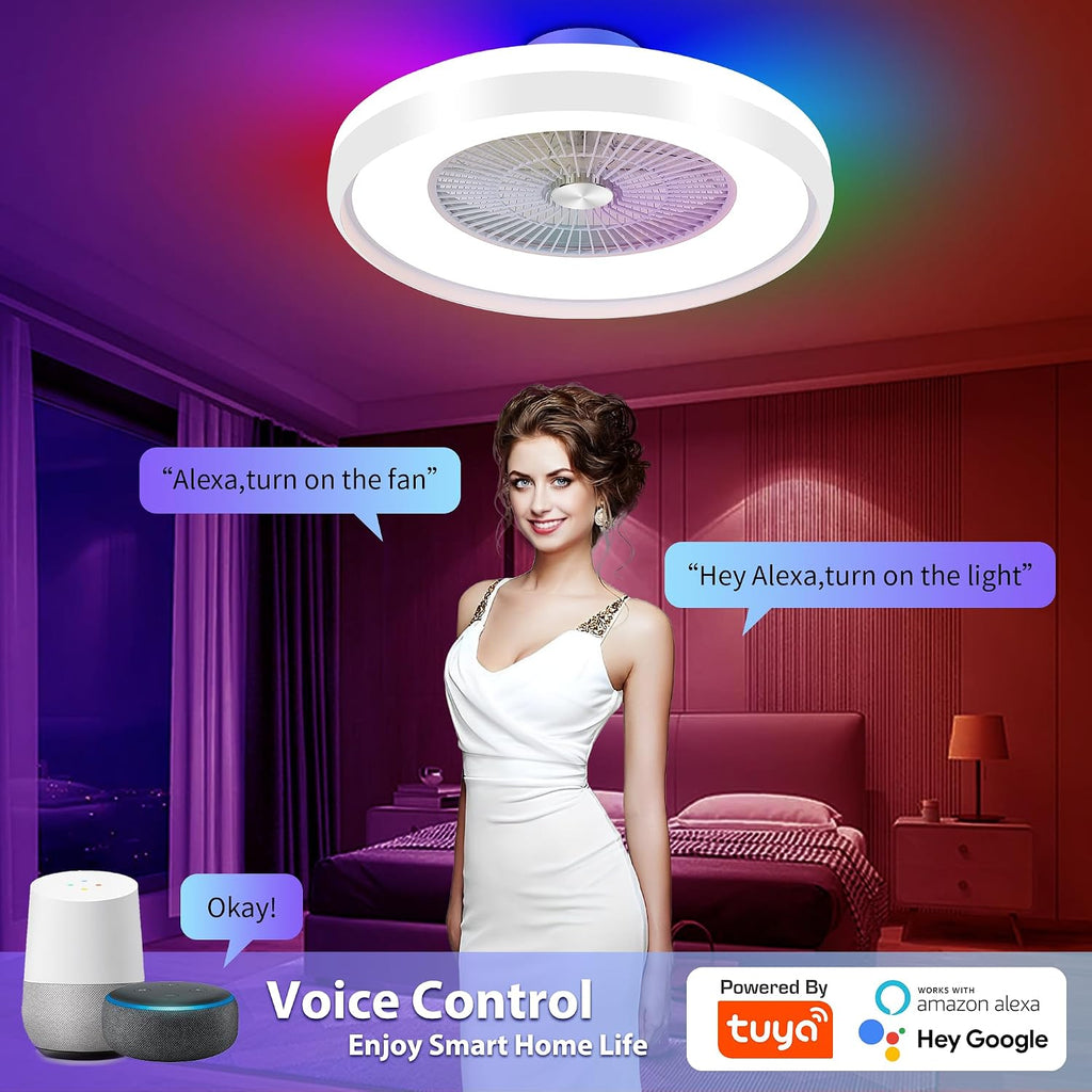 24' Low Profile Ceiling Fan with RGB Lights, Bladeless Ceiling Fan with Remote/APP/Voice Control, 6 Speeds Flush Mount Smart for Bedroom