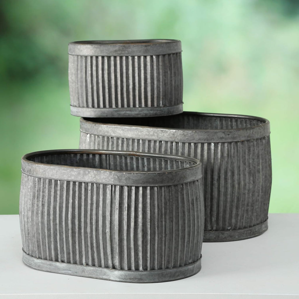 WHW Whole House Worlds French Country Style Oval Belly Planters, Set of 3, Galvanized Metal, Chubby, Corrugated Cache Pots, Rustic, Over 2 Ft Long (24 1/2, 20 and 14 1/2 Inches)
