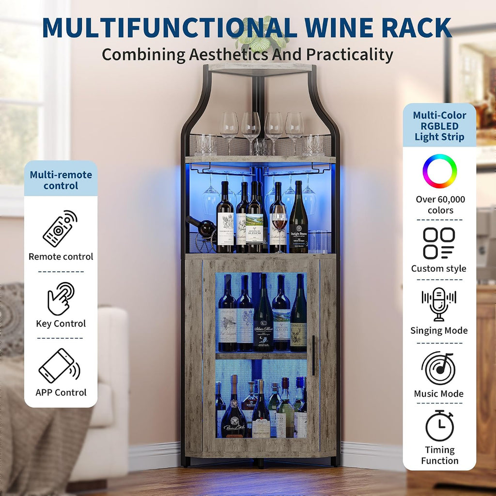 GarveeHome Corner Bar Wine Cabinet with LED Lights, 5-Tier Industrial Wine Cabinet with Glass Holder, Modern Liquor Cabinet with Adjustable Shelf, Home Bar Cabinet with Mesh Door, Grey