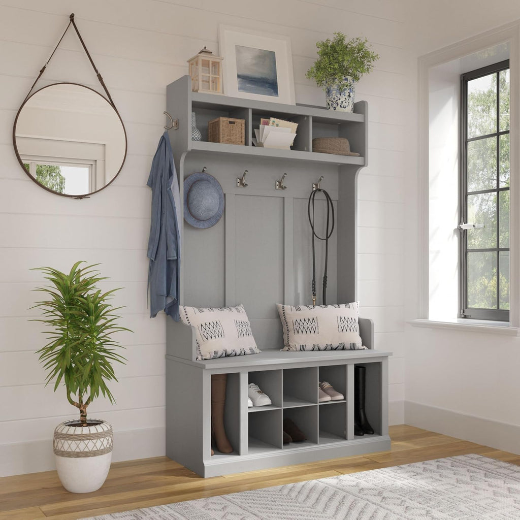 Bush Home Woodland 40W Hall Tree and Shoe Storage Bench with Shelves in Cape Cod Gray, Cubbies and Coat Hooks for Foyer, Mudroom, or Entryway
