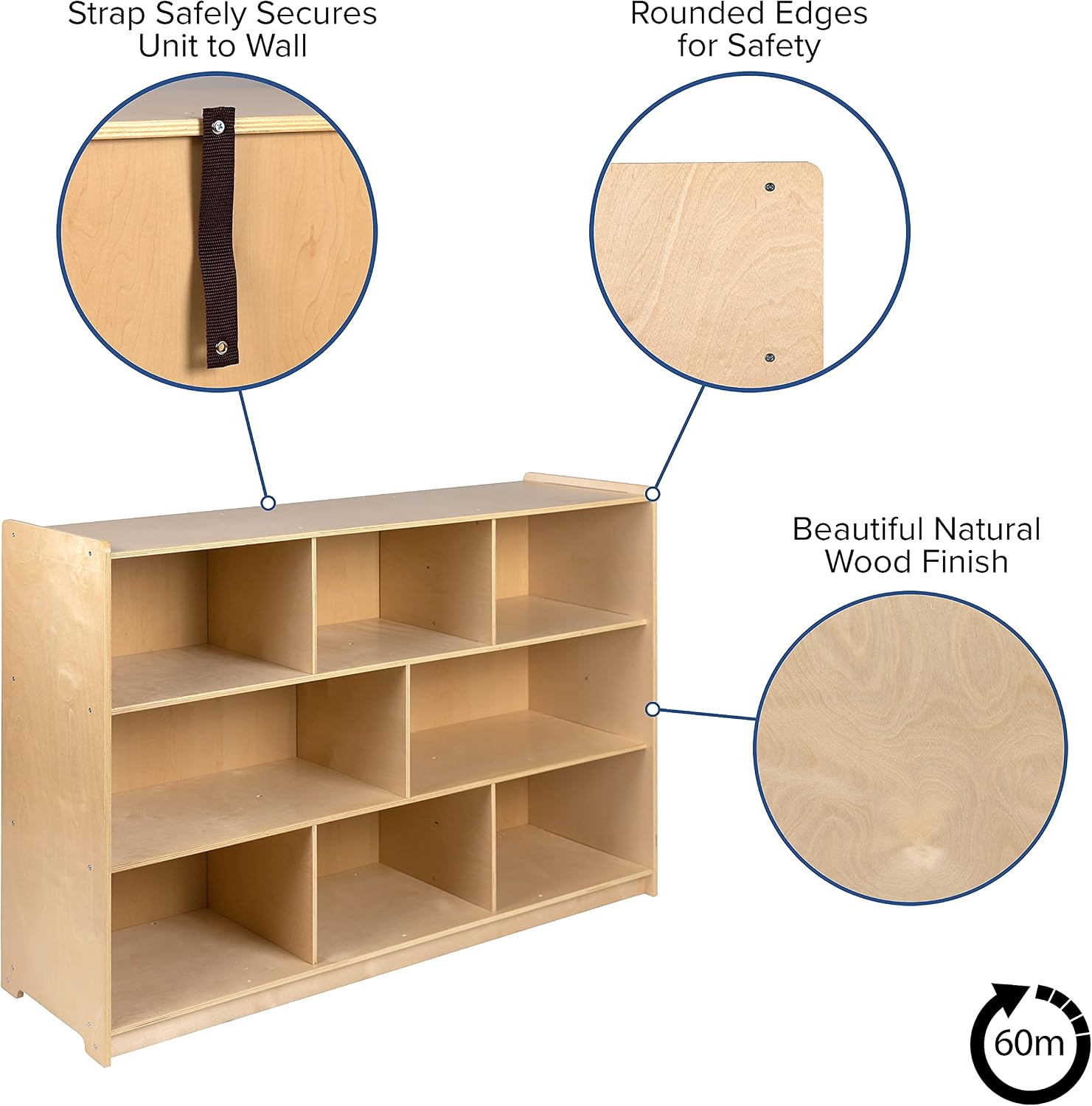 Flash Furniture Hercules Series Wooden 8-Section Classroom Storage Cabinet, School Classroom Storage Cabinet with 8 Cubbies, 36'H, Natural