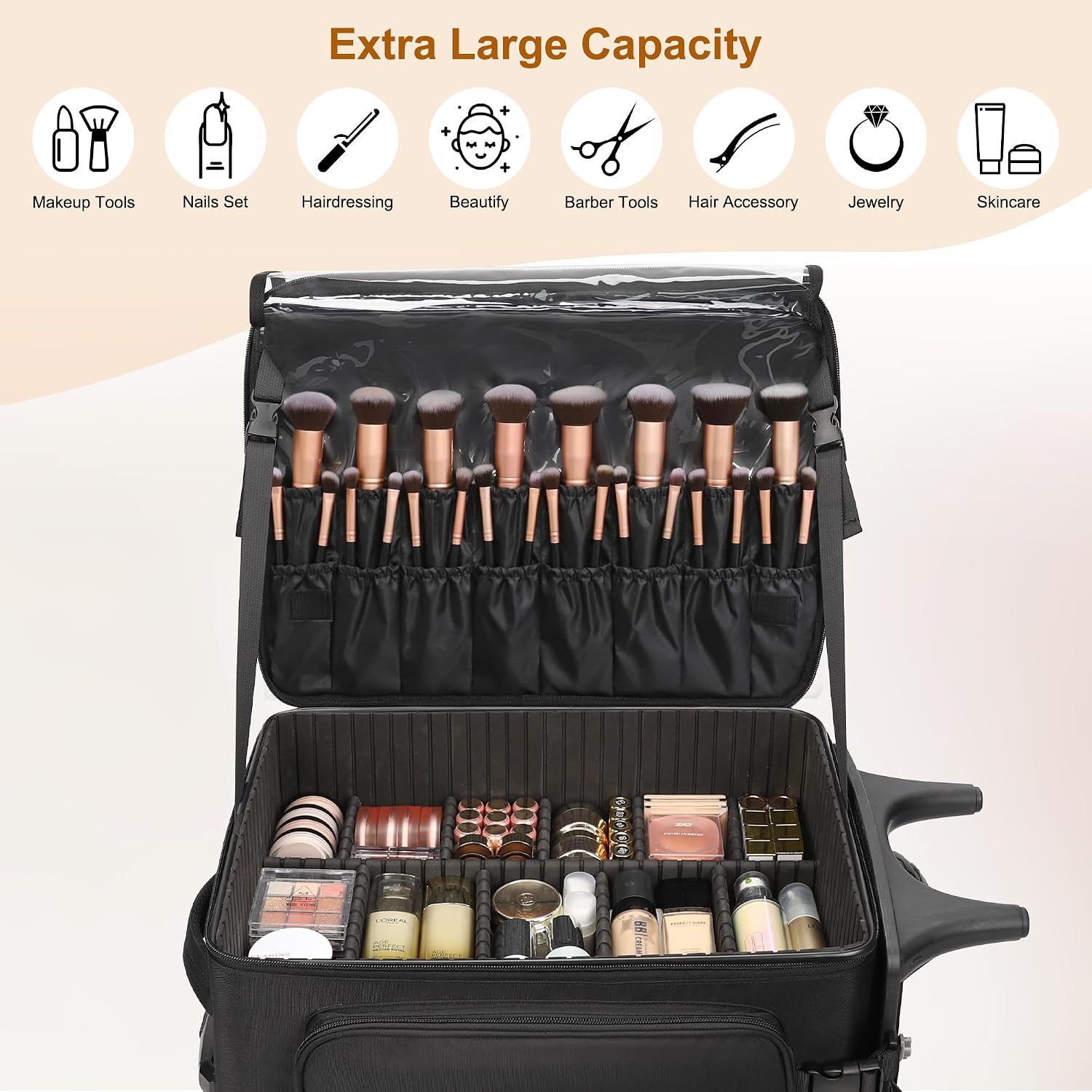 Relavel Rolling Makeup Case with 4 Small Makeup Bags, Large Make Up Travel Organizer with 2 big Wheels, Professional Lockable Makeup Artist Backpack with Adjustable Dividers for Daily Use - Black