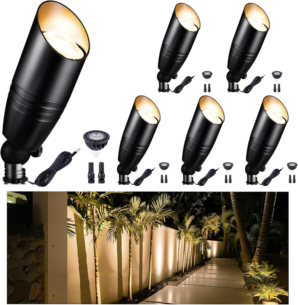 Low Voltage Spotlight, Black LED Landscape Lighting Tree Light, Outdoor 12V Waterproof Aluminum Uplight for Tree Yard Garden with 5W MR16 Bulb 2700K 6 Pack