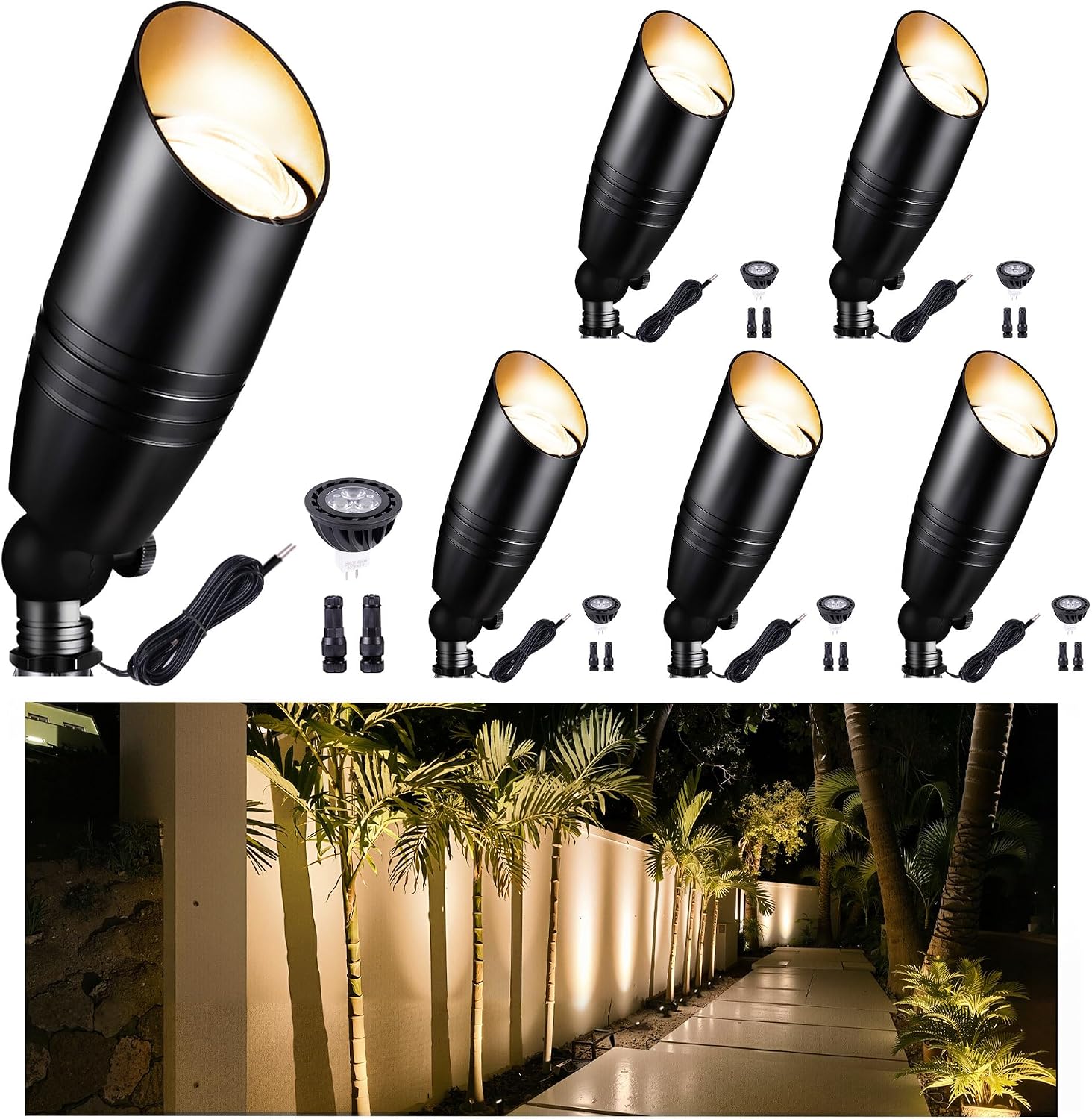 Low Voltage Spotlight, Black LED Landscape Lighting Tree Light, Outdoor 12V Waterproof Aluminum Uplight for Tree Yard Garden with 5W MR16 Bulb 2700K 6 Pack