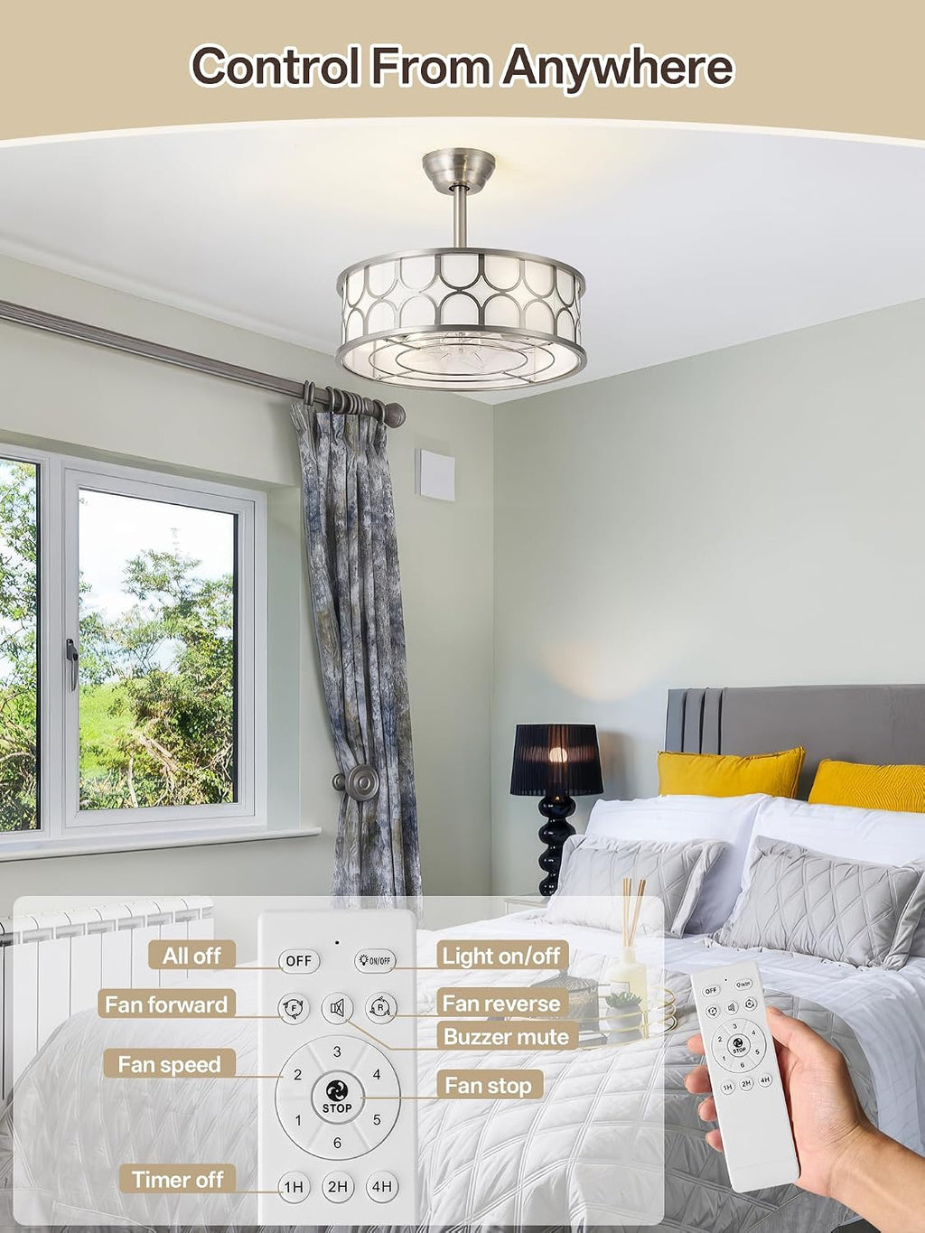 20' Sliver Boho Fandelier Ceiling Fans with Lights, Caged Bladeless Ceiling Fan with Light Remote Control. Chandelier with 6 Speeds for Bedroom, Nursery, Living room.