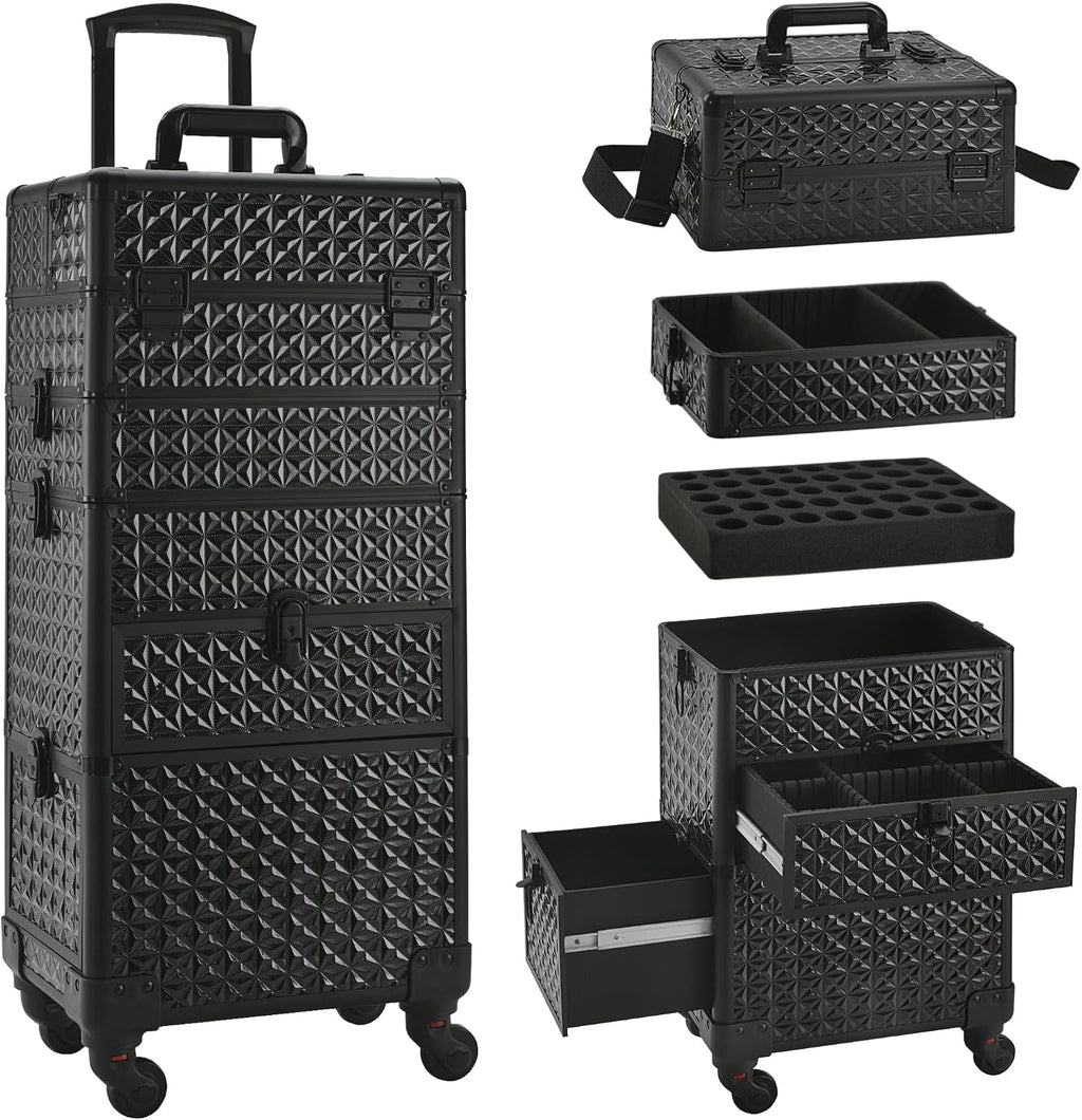 Makeup Train Case with Drawer, Rolling Makeup Case, Cosmetology Case on Wheels, Gift, Large Makeup Case Organizers, Professional for Salon Barber, Nail, Tattoo, Black