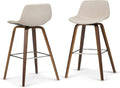 SIMPLIHOME Randolph Counter Stools (Set of 2) - 28 Inch Seat Height Upholstered Bentwood Bar Stools in Natural Linen Look Fabric, Mid Century Modern Seating with Curved Backrest and Chrome Footrest