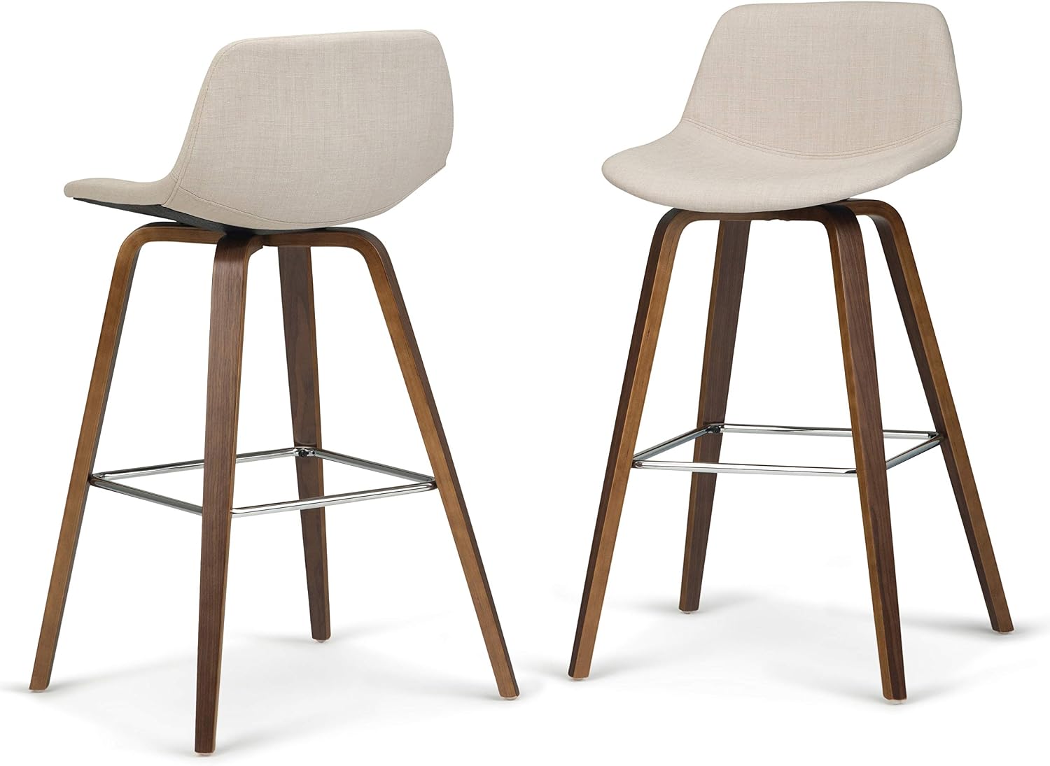SIMPLIHOME Randolph Counter Stools (Set of 2) - 28 Inch Seat Height Upholstered Bentwood Bar Stools in Natural Linen Look Fabric, Mid Century Modern Seating with Curved Backrest and Chrome Footrest