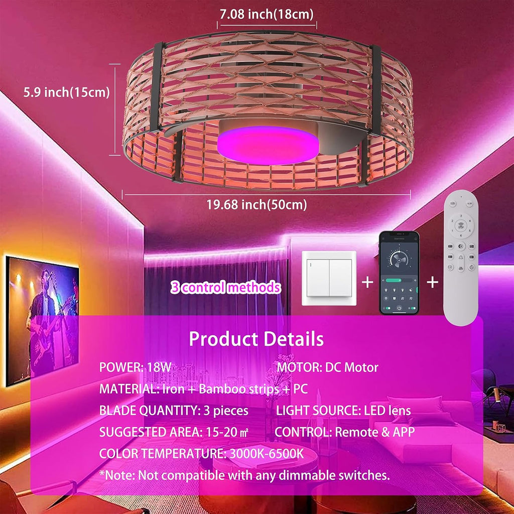 Ganeed 18W LED 20 Inch Dimmable Bamboo Rattan Fandelier, Boho Caged Ceiling Fan with Light and Remote, 6 Speed/Reversible Motor/RGB LED Small Ceiling Fan for Bedroom Living Room Kitchen Nursery
