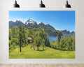 Trykid 20x10ft Alpine Lake Snow Mountain Backdrop Fresh Green Forest Clear Water Peak View Natural Landscape Photography Background Travel Theme Shoot Party Decoration Photo Booth Prop Fabric