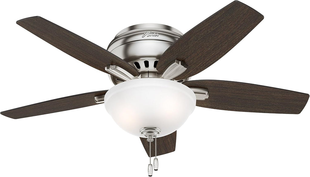 Hunter Fan 42' Hugger Ceiling Fan in Brushed Nickel with Cased White Glass Light Kit, 5 Blade (Renewed)