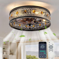 Caged Ceiling Fan with Light, Vintage Victorian Rustic Crystal Fandelier, Low Profile Flush Mount, Small Enclosed Bladeless Ceiling Fan for Bedroom, Kitchen, Living Room, Dining Room