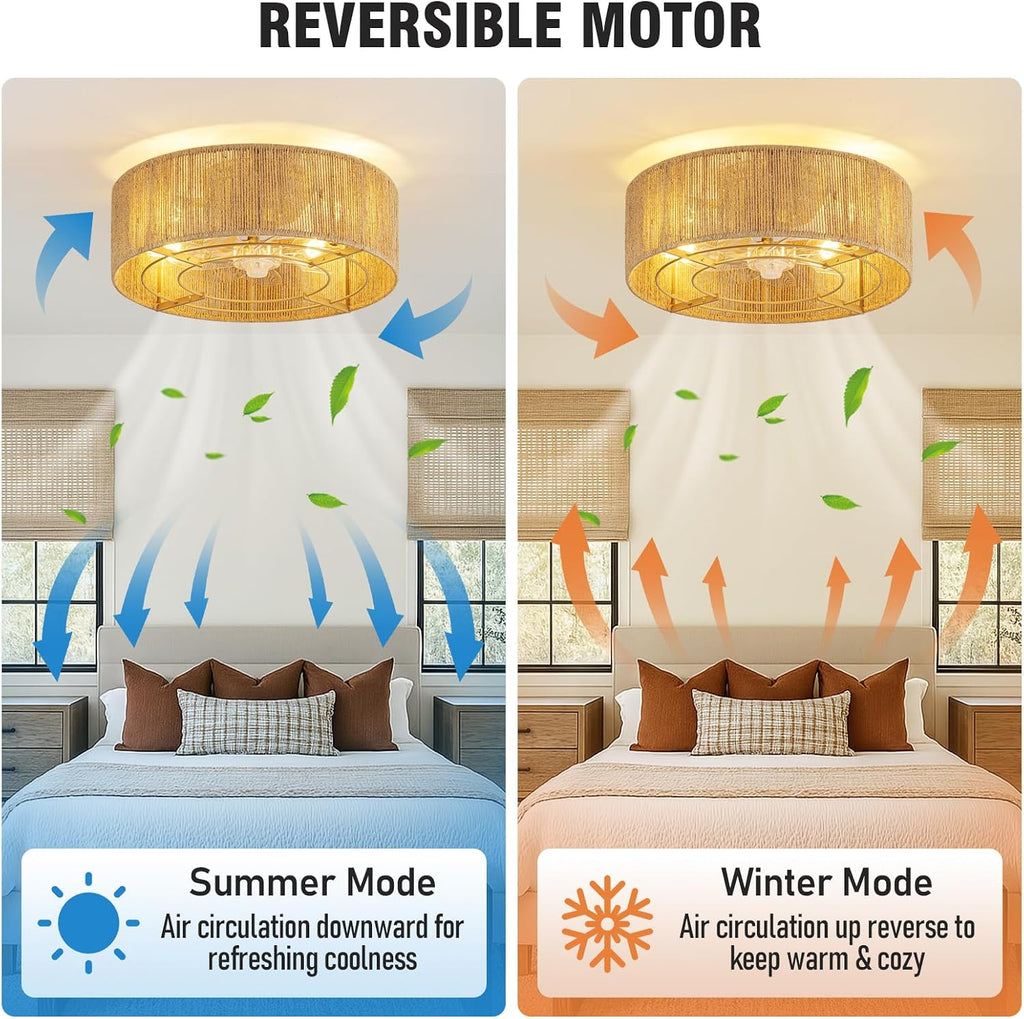 Cage Ceiling Fan with Light,Rattan Ceiling Fan with Light and Remote Control,Enclosed Low Profile Caged Design, 6 Speed Quiet Reversible Motor for Bedroom, Living Room, Porch, Nursery