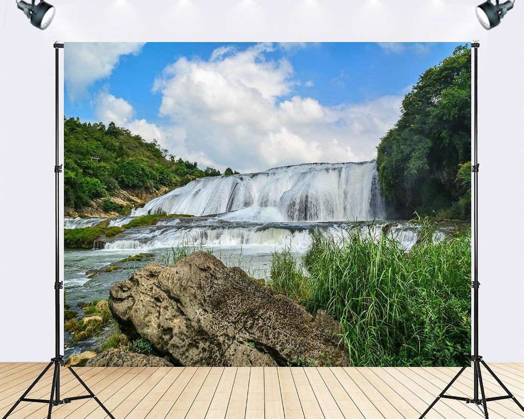 Trykid 20x10ft Waterfall Backdrop Scenic Multi Tier Cascade Lush Greenery Clear Sky Photography Background Nature Themed Party Decoration Photo Booth Prop Fabric