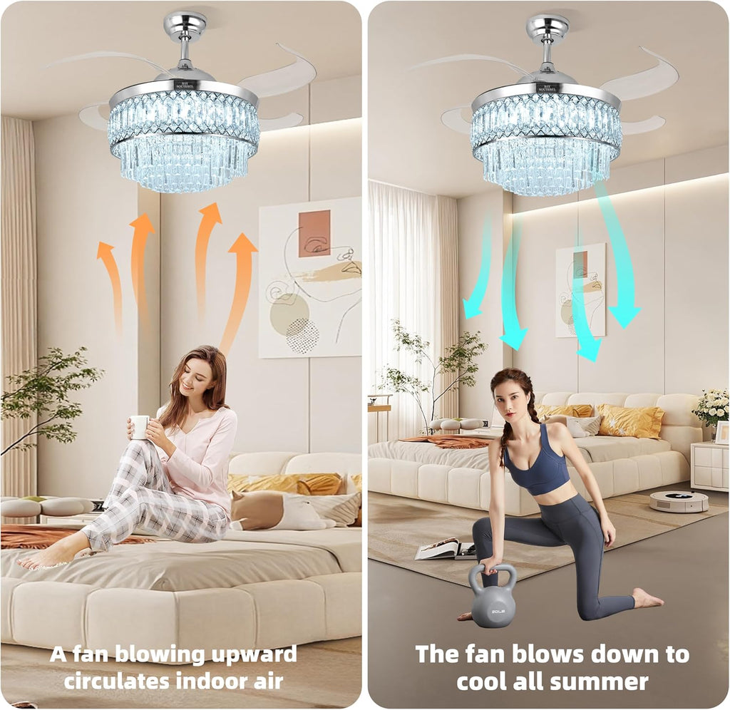 Retractable Crystal Ceiling Fan with Lights, Bluetooth Ceiling Fan with Speaker, 6-Speed Reversible Blades, RGB-LED Light, Remote & APP Control Crystal Chandelier for Bedroom Living Room 42'