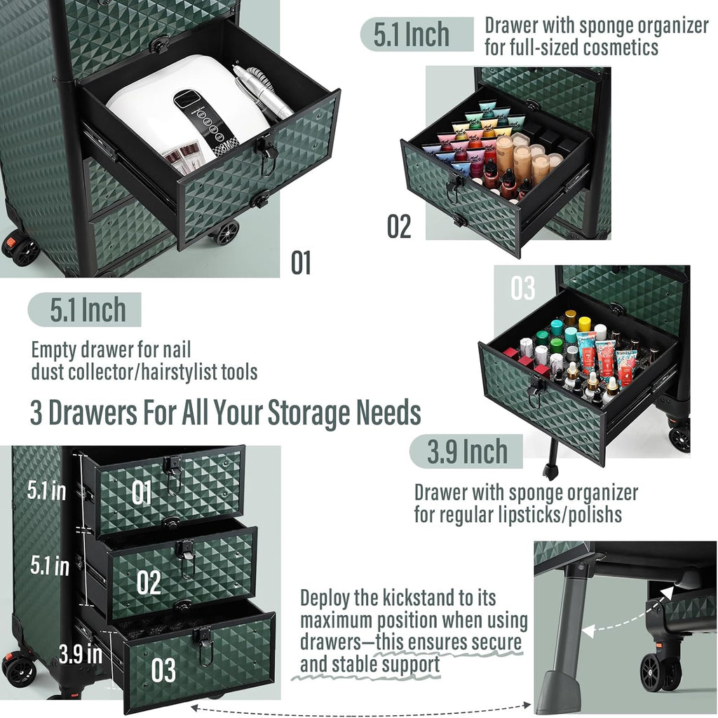 Yueieoun Nail Trolley Cart with 3 Drawers, Salon Station Cosmetology Case on Wheels Rolling Makeup Train Case Nail Case Organizer Beauty Salon Travel Case for Nailart,SPA,Hairstylist,Artist,Dark Green
