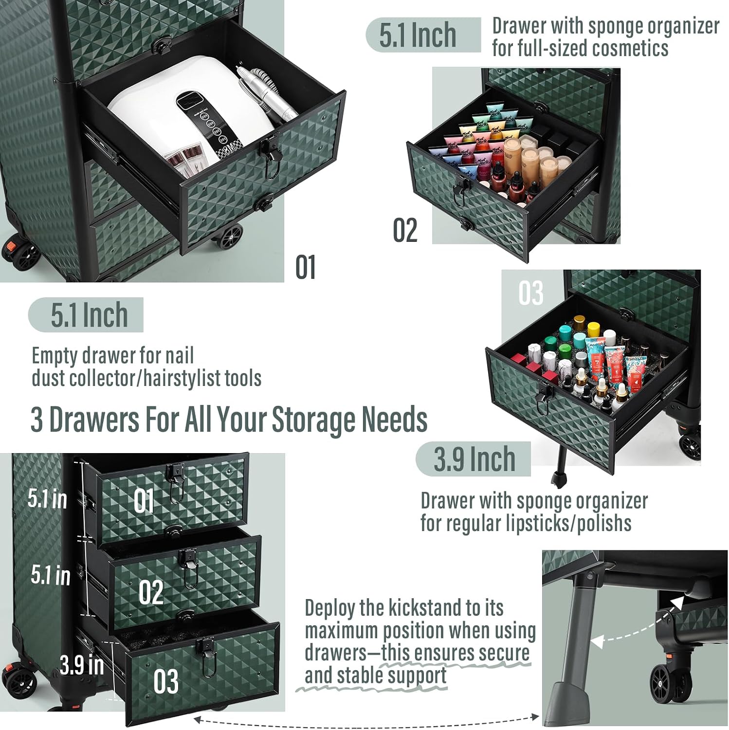 Yueieoun Nail Trolley Cart with 3 Drawers, Salon Station Cosmetology Case on Wheels Rolling Makeup Train Case Nail Case Organizer Beauty Salon Travel Case for Nailart,SPA,Hairstylist,Artist,Dark Green