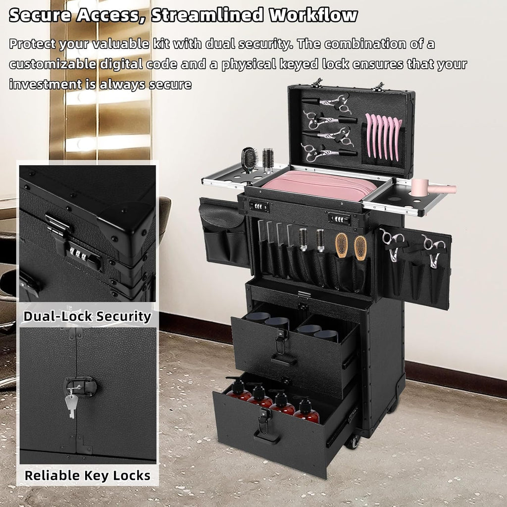 Rolling Makeup Case with Wheels and Locks, Cosmetology Case Makeup Train Case for Salon Barber, Hairdressing Rolling Case Trolley with Hair Dryer Holder and Extendable Tray