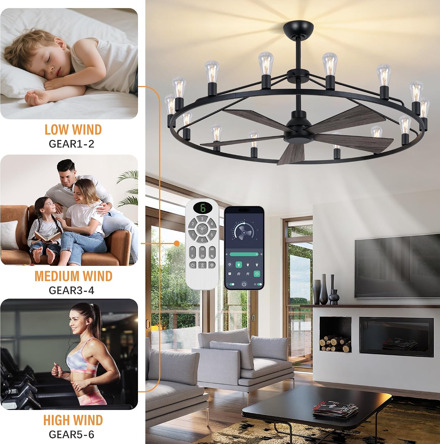 She's home 50' Wagon Wheel Chandelier with Fans, Black Large Farmhouse Ceiling Fan with Light and Remote, 15-Lights Round Rustic Fandelier for Living Room, Dining Room, Height Adjustable