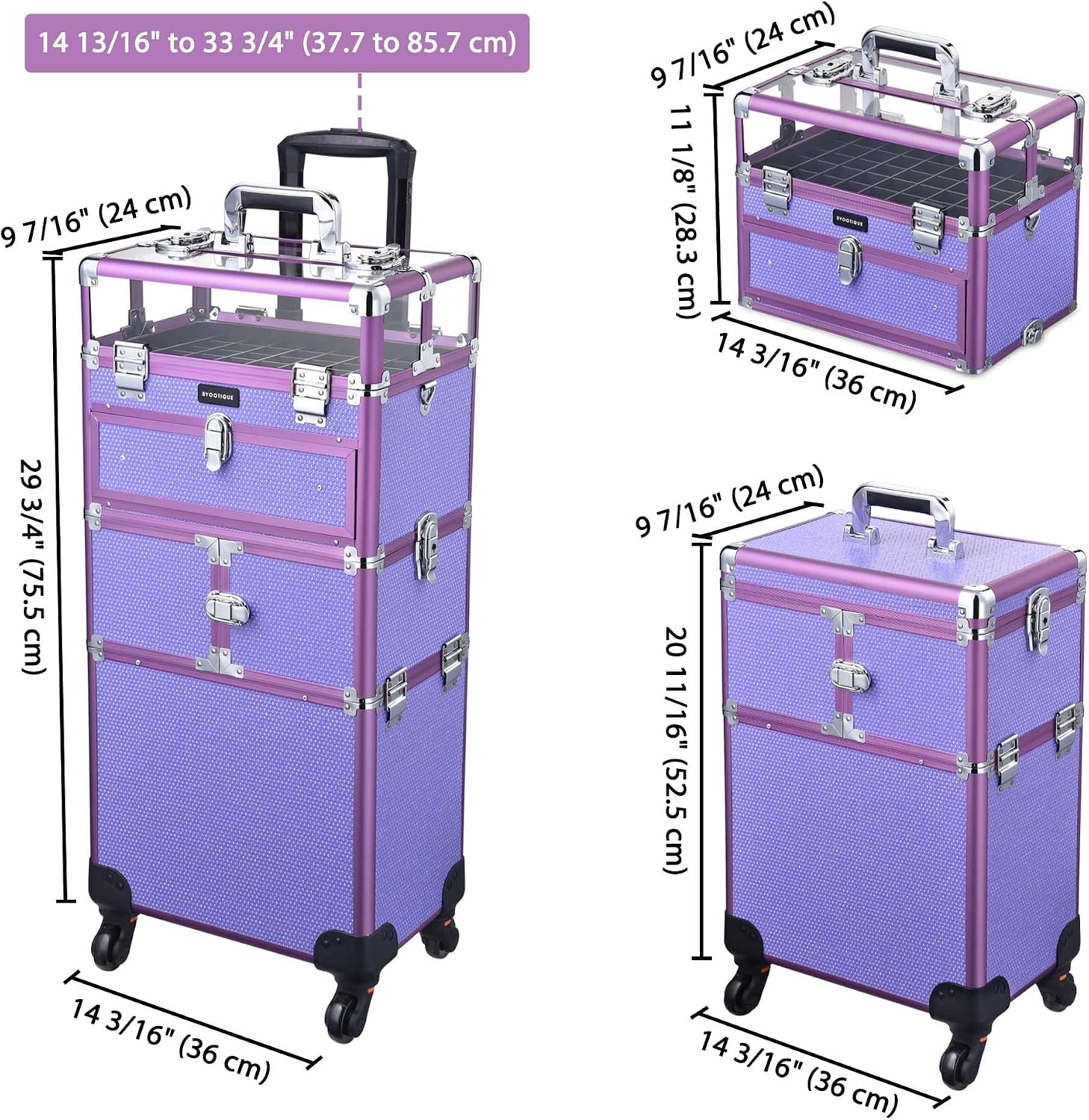 BYOOTIQUE 2in1 Nail Polish Organizer Rolling Makeup Train Case Manicure Cosmetic Trolley Travel Organizer Nail Case with Clear Lid Extendable Trays 4 removable wheels 54 Slots (Purple)