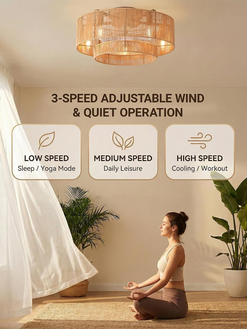 Boho Caged Ceiling Fan with Light, 20' Rattan Flush Mount Ceiling Fans with Lights Remote Contro, Bladeless Enclosed Fandelier Fan Safe for Bedroom, Living room, Nursery