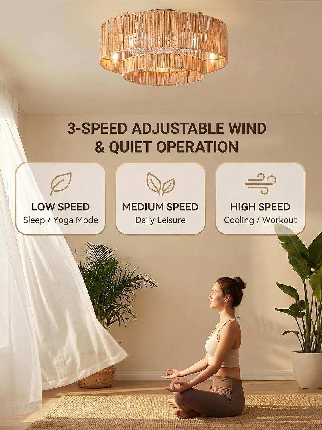Boho Caged Ceiling Fan with Light, 20' Rattan Flush Mount Ceiling Fans with Lights Remote Contro, Bladeless Enclosed Fandelier Fan Safe for Bedroom, Living room, Nursery