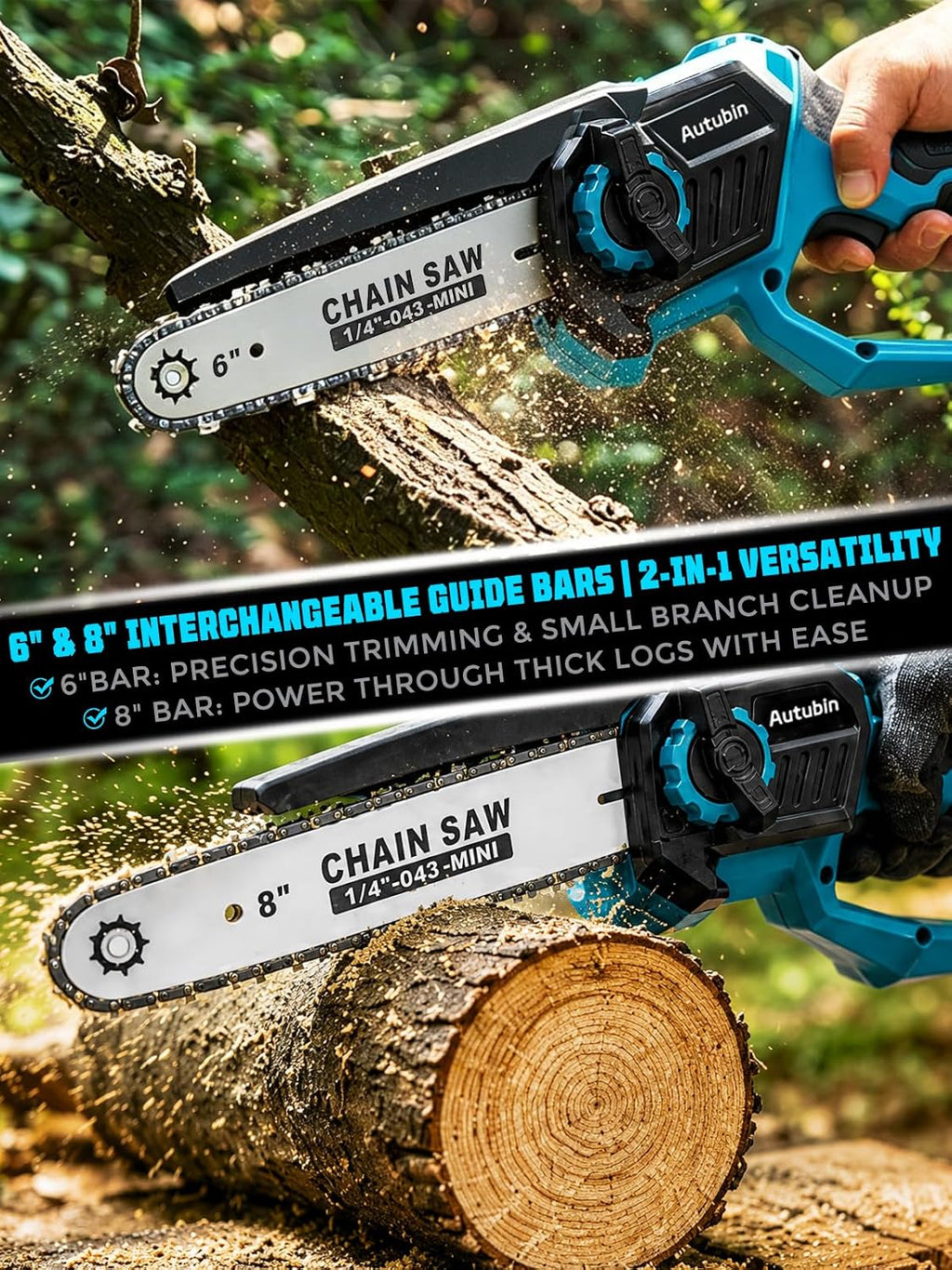 8 & 6 Inch Electric Pole Saw for Tree Trimming, 2-in-1 Mini Chainsaw and Pole Saw, 2x4000mAh Battery Powered, 16 ft Reach,Auto Oiling,Tool-Free Tensioning,Fathers Day Yard Gift