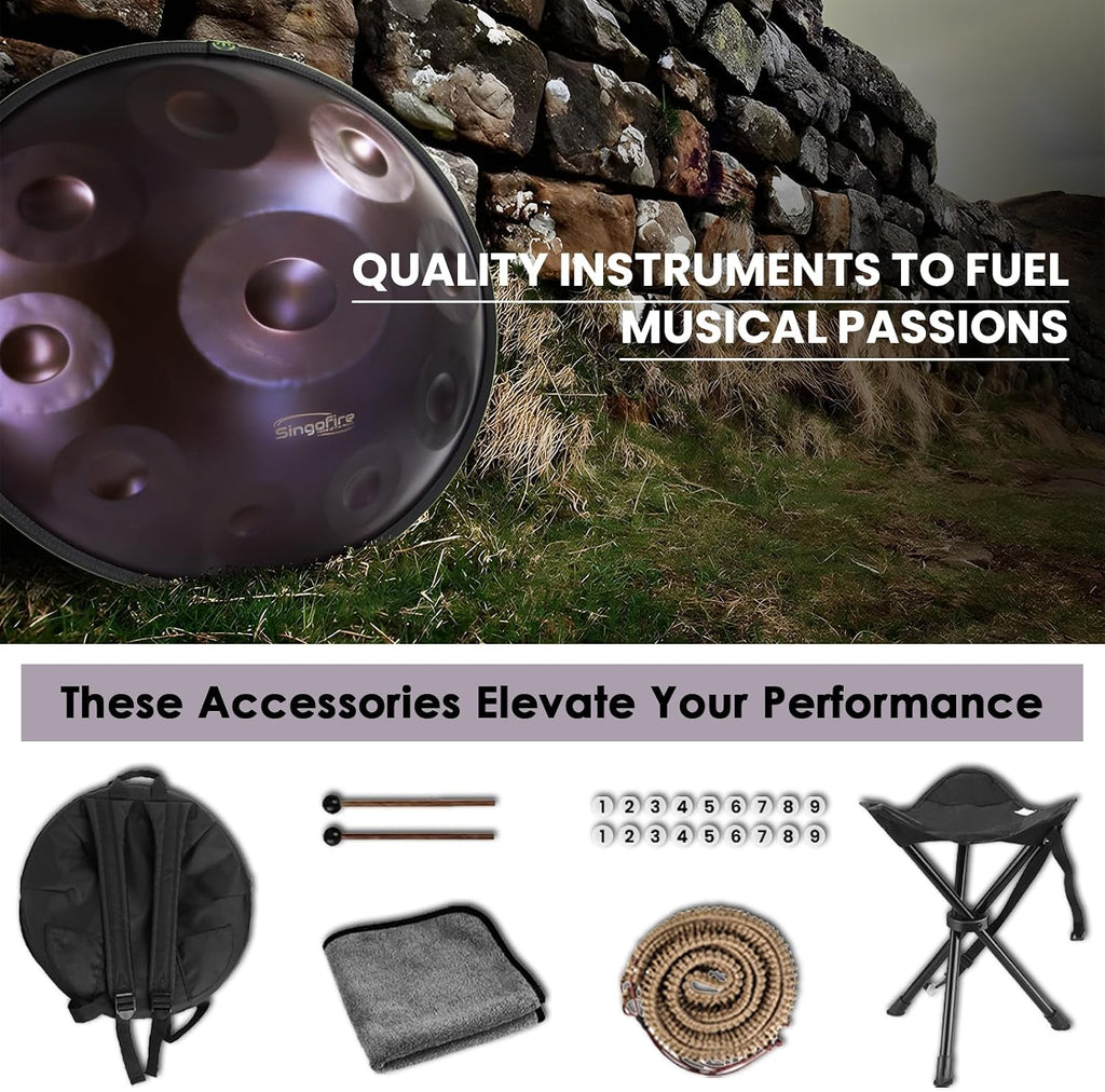 'SINGOFIRE' 12-Notes Handpan Drum, Handpan Drums for Adults, 22-Inch 440Hz D Minor Kurd, HandPan Instrument with Soft Handpan Bag, 2 Mallets, Handpan Stand and Dust-Free Cloth(Purple)
