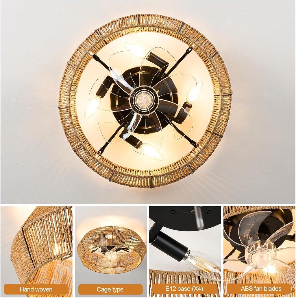 Caged Ceiling Fan with Lights, 18' Boho Ceiling Fans with Lights, Handmade Woven Cage Ceiling Fan, Enclosed Timing 6 Speeds Reversible, for Bedroom Living Room Farmhouse Indoor