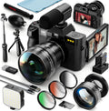 8K Digital Cameras for Photography, 64MP Vlogging Camera with 180°Flip Screen，2 Batteries, 64GB TF Card，16X Zoom, WiFi, 3 Color Filters,Microphone, Tripod, Wide & Macro Lens Kit (Black)