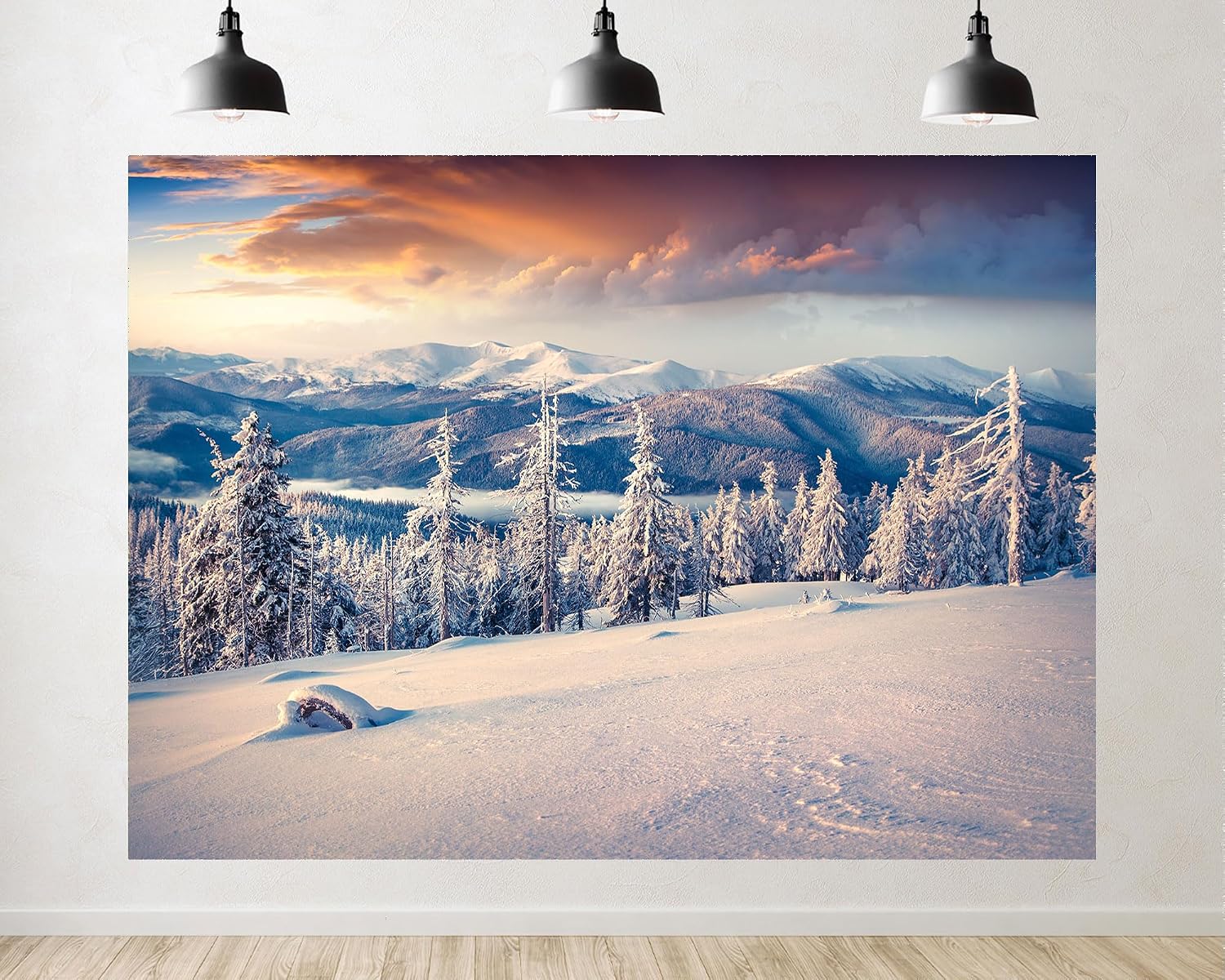 Trykid 20x10ft Snowy Mountain Forest Backdrop Winter Sunset Pine Trees Alpine Scenery Photography Background Ski Trip Holiday Event Party Decoration Tapestry Photo Booth Prop Fabric