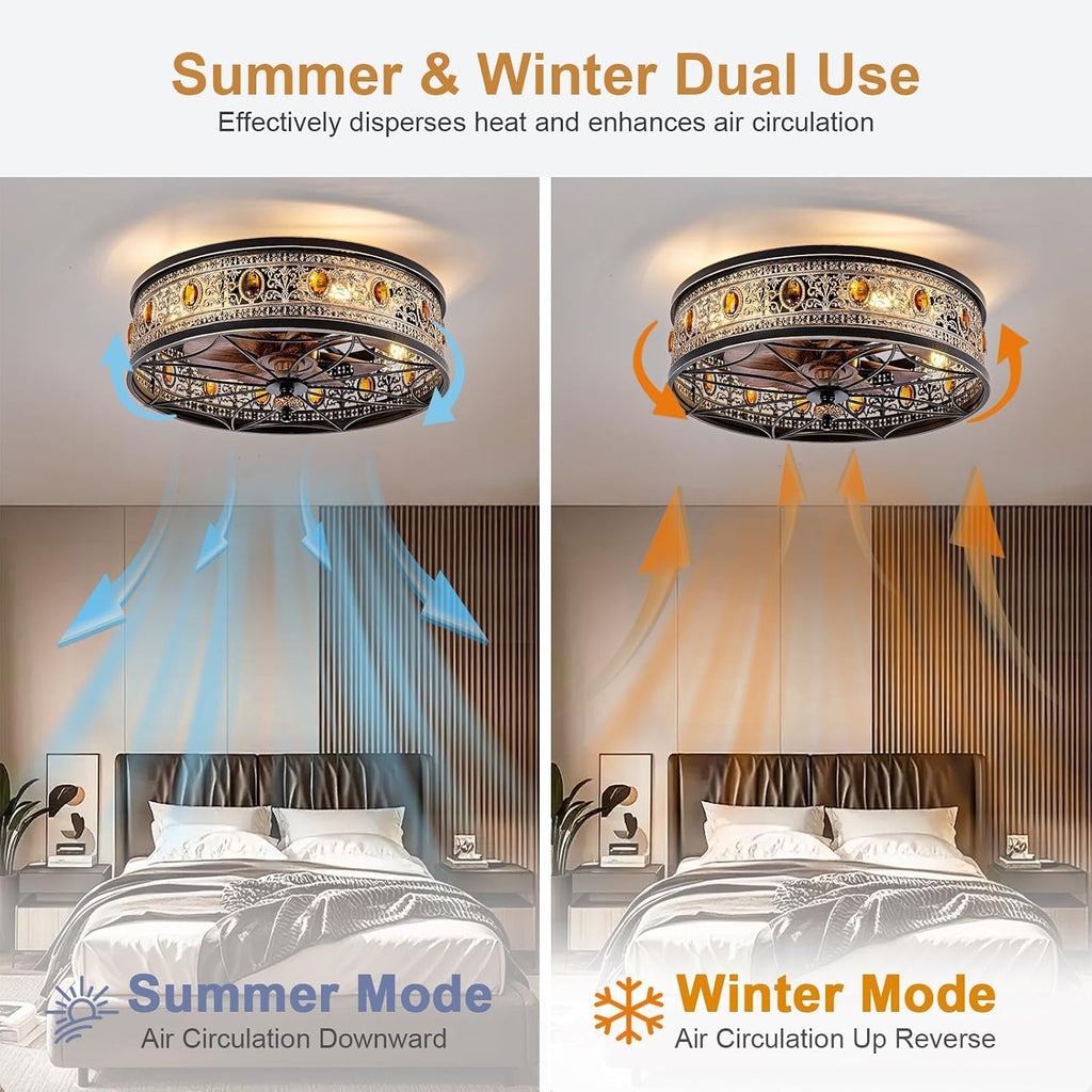 Caged Ceiling Fan with Light, Vintage Victorian Rustic Crystal Fandelier, Low Profile Flush Mount, Small Enclosed Bladeless Ceiling Fan for Bedroom, Kitchen, Living Room, Dining Room