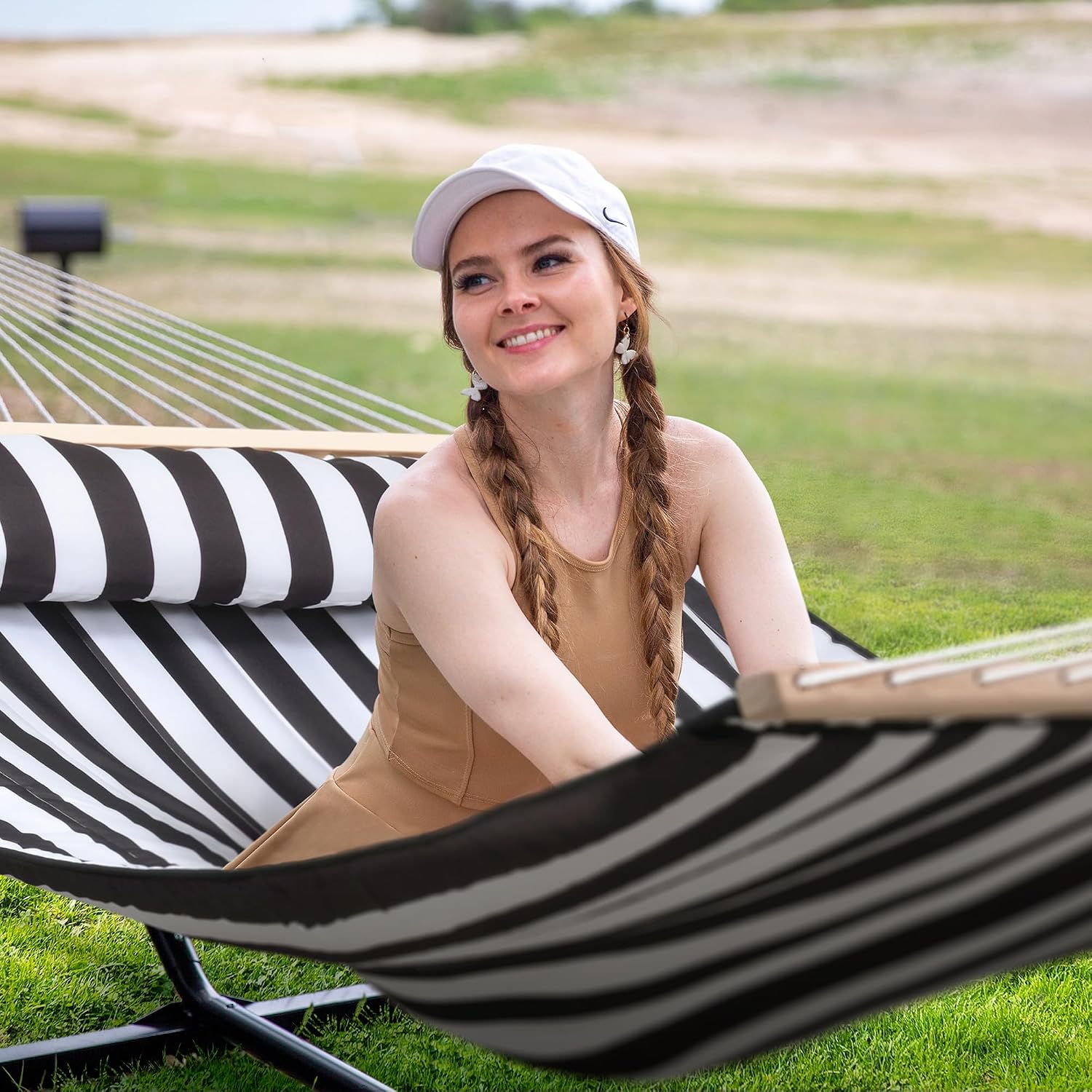 SUNCREAT Two Person Hammock with 12ft Stand Included, Max 475lbs Capacity, Heavy Duty Free Standing Hammock, Black Stripes