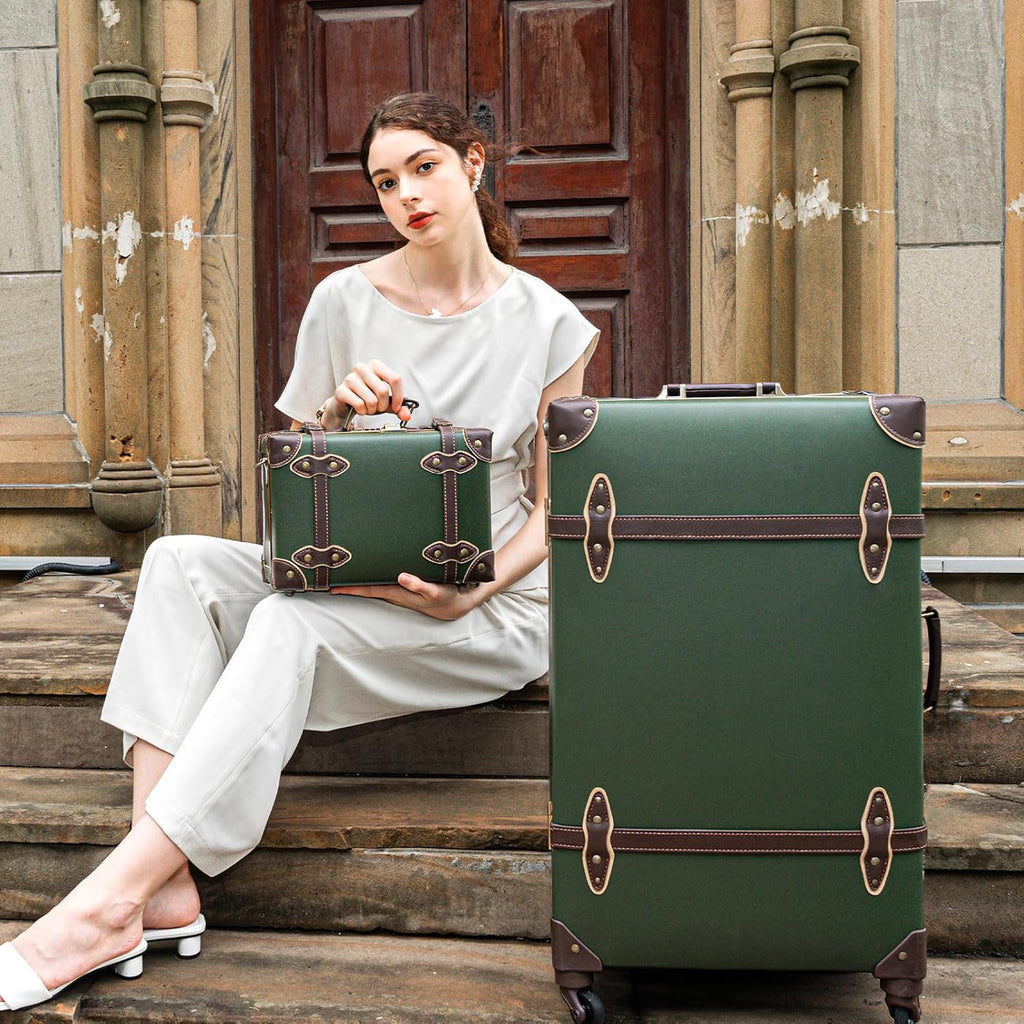 urecity 26' Vintage Luggage Set, 2 Piece Army Green Retro Checked Suitcase with Cosmetic Case, Luxury Vegan Leather Aluminum Frame Spinner Trunk for Women (with Protective Clear Cover)