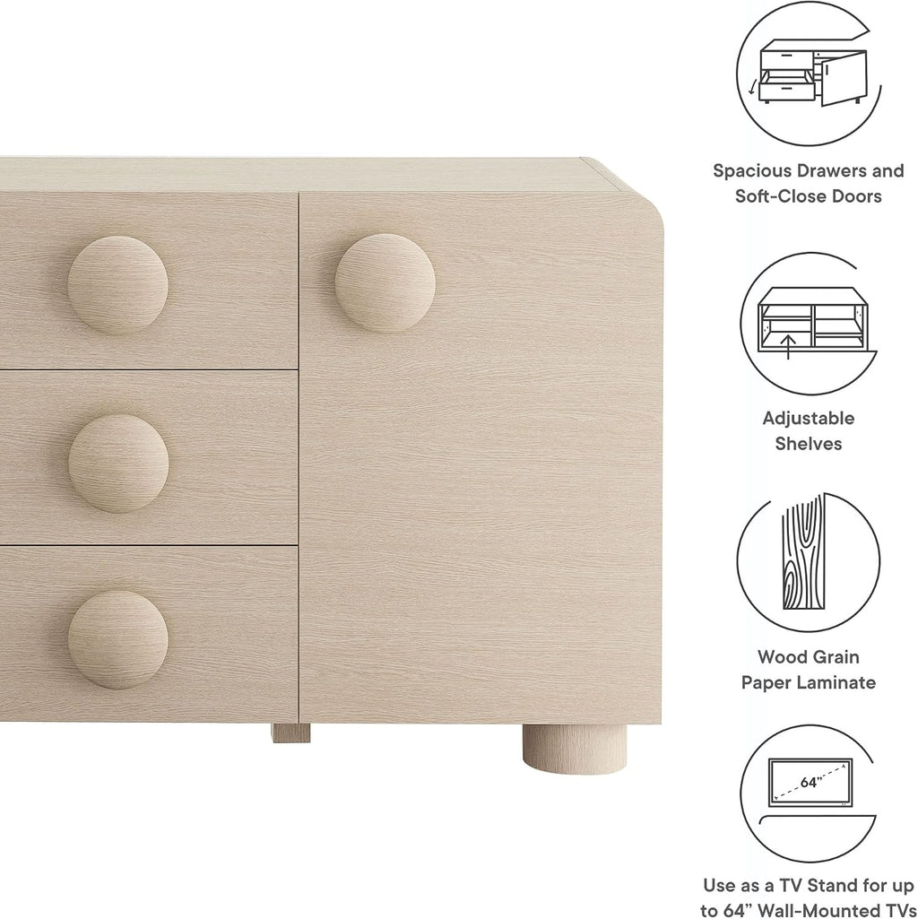 Modway Sonnet Retro Curved Sideboard in Ash – 57 Inch Modern Buffet Cabinet with Circle Knobs – Credenza Cabinet with 3 Drawers – TV Stand Media Cabinet for Living Room, Home Office, Lounge Area